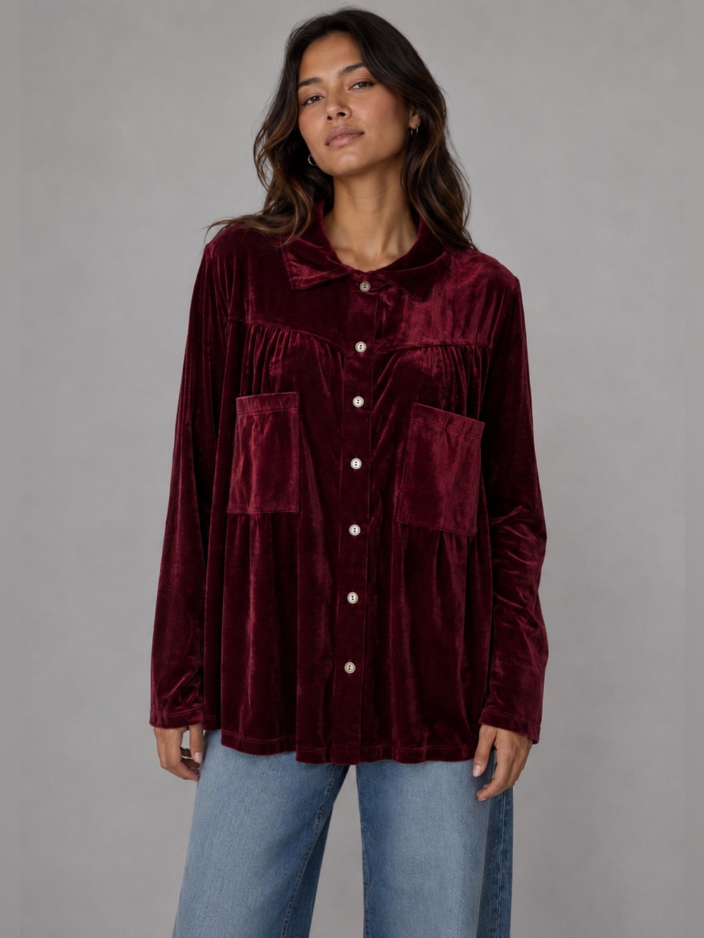 NWOT BUCKETLIST Velvet Shirt Medium Burgundy Oversized Button Front Boho
